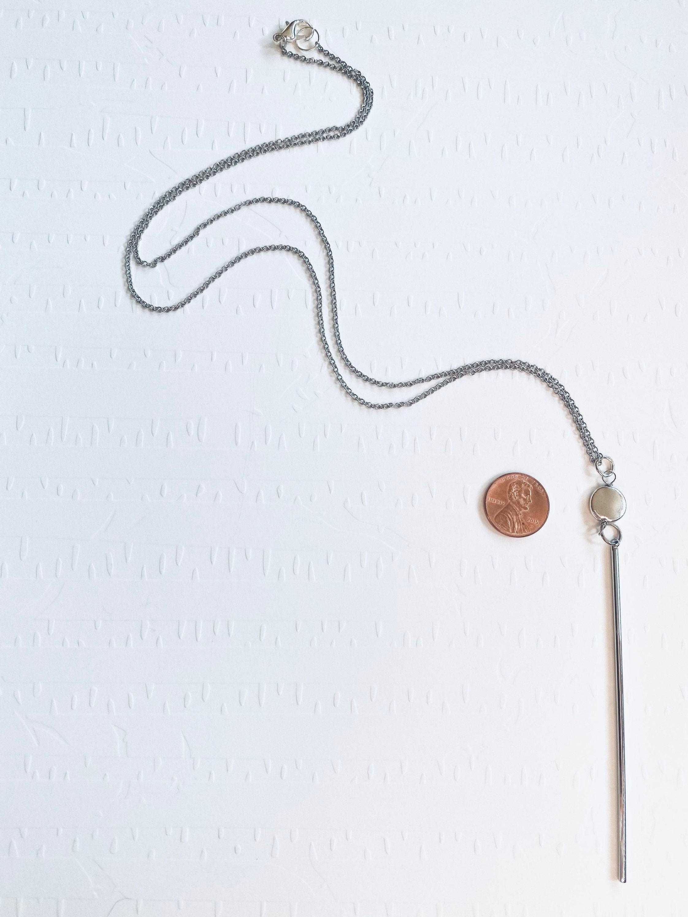 Silver Bar Pendant Necklace, Long Cable Chain, Bead Accent