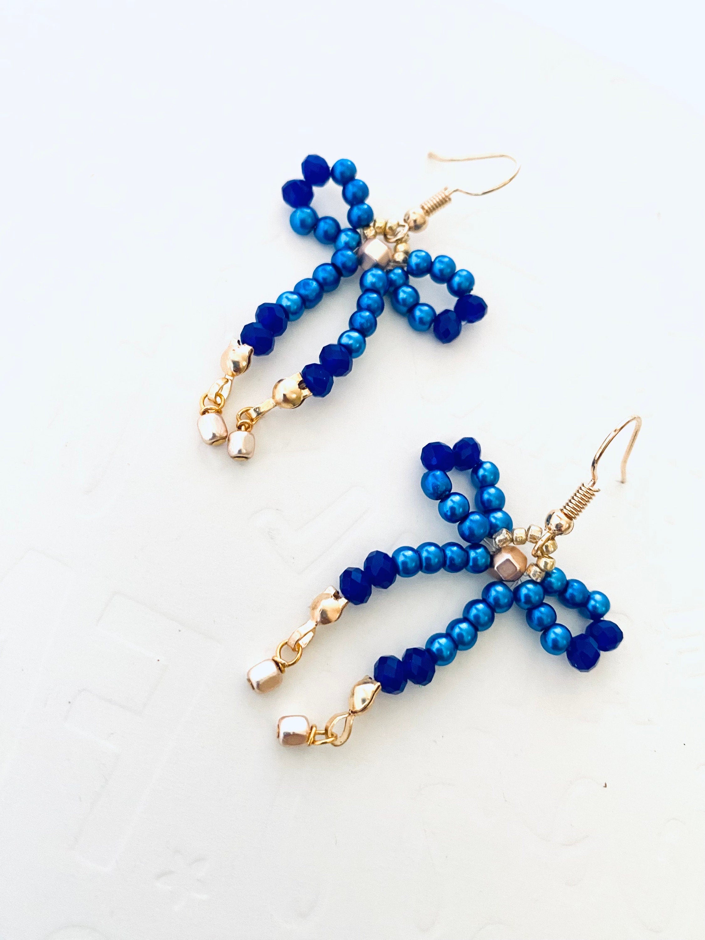 Handmade Beaded Bow Earrings, Crystal Royal Blue, Gold Hook