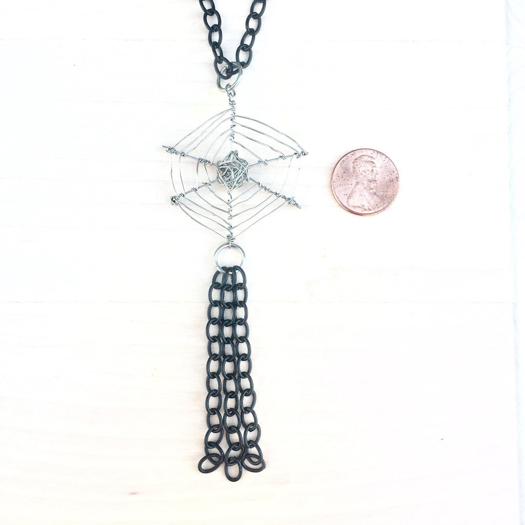 Halloween Spider Web Necklace, Silver Plated, Black Cable Chain