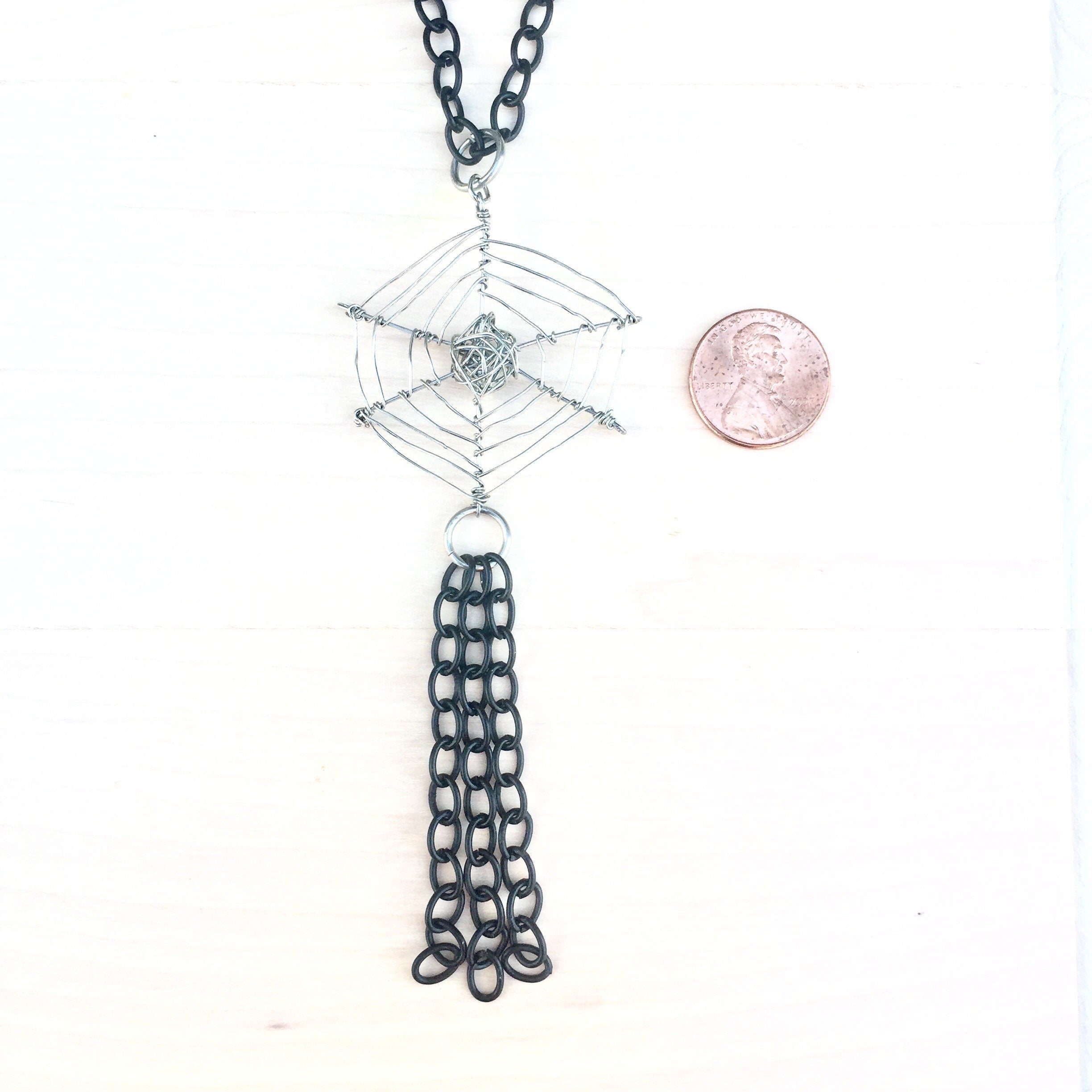 Halloween Spider Web Necklace, Silver Plated, Black Cable Chain