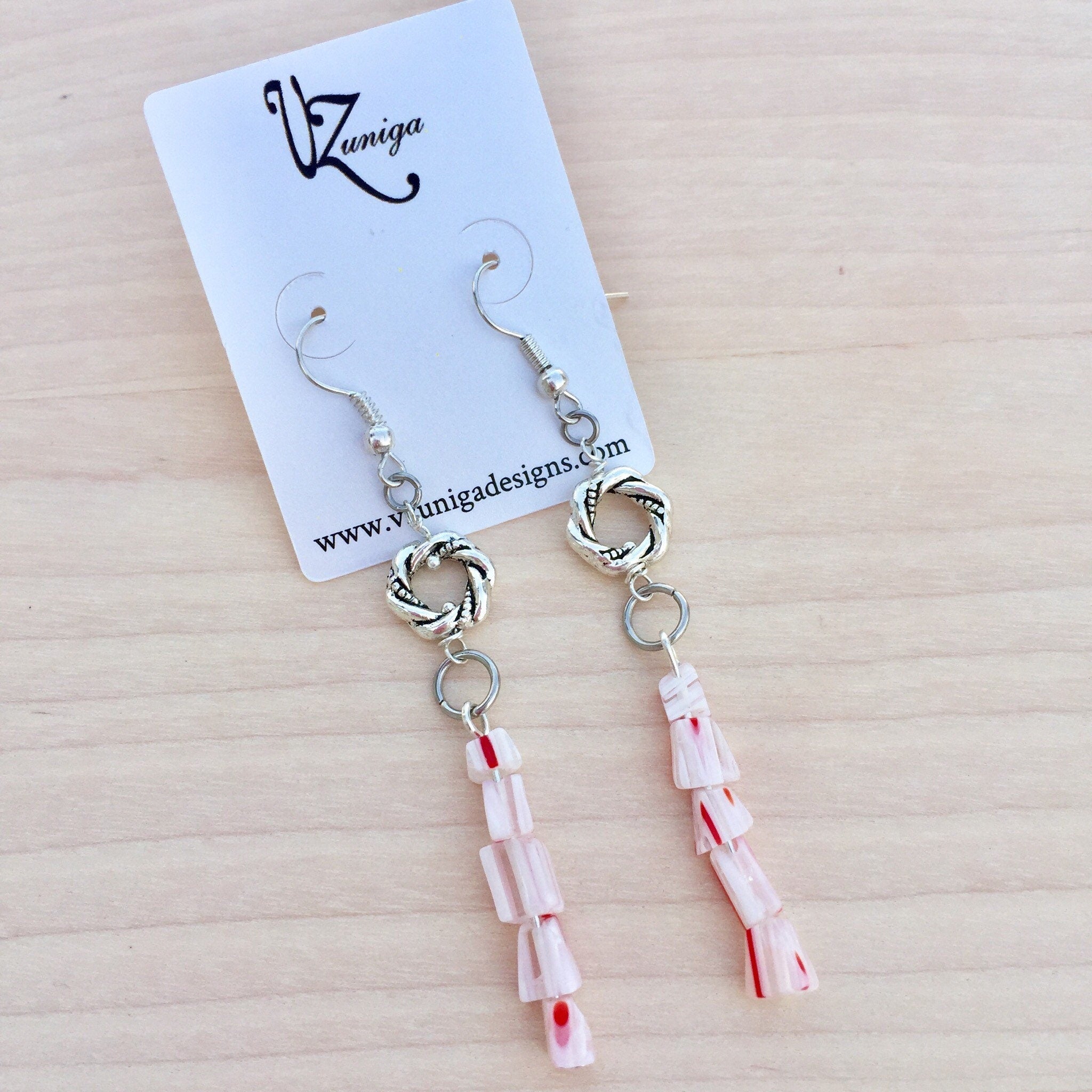 Handmade Candy Cane Glass Bead Earrings, Christmas Holiday Jewelry