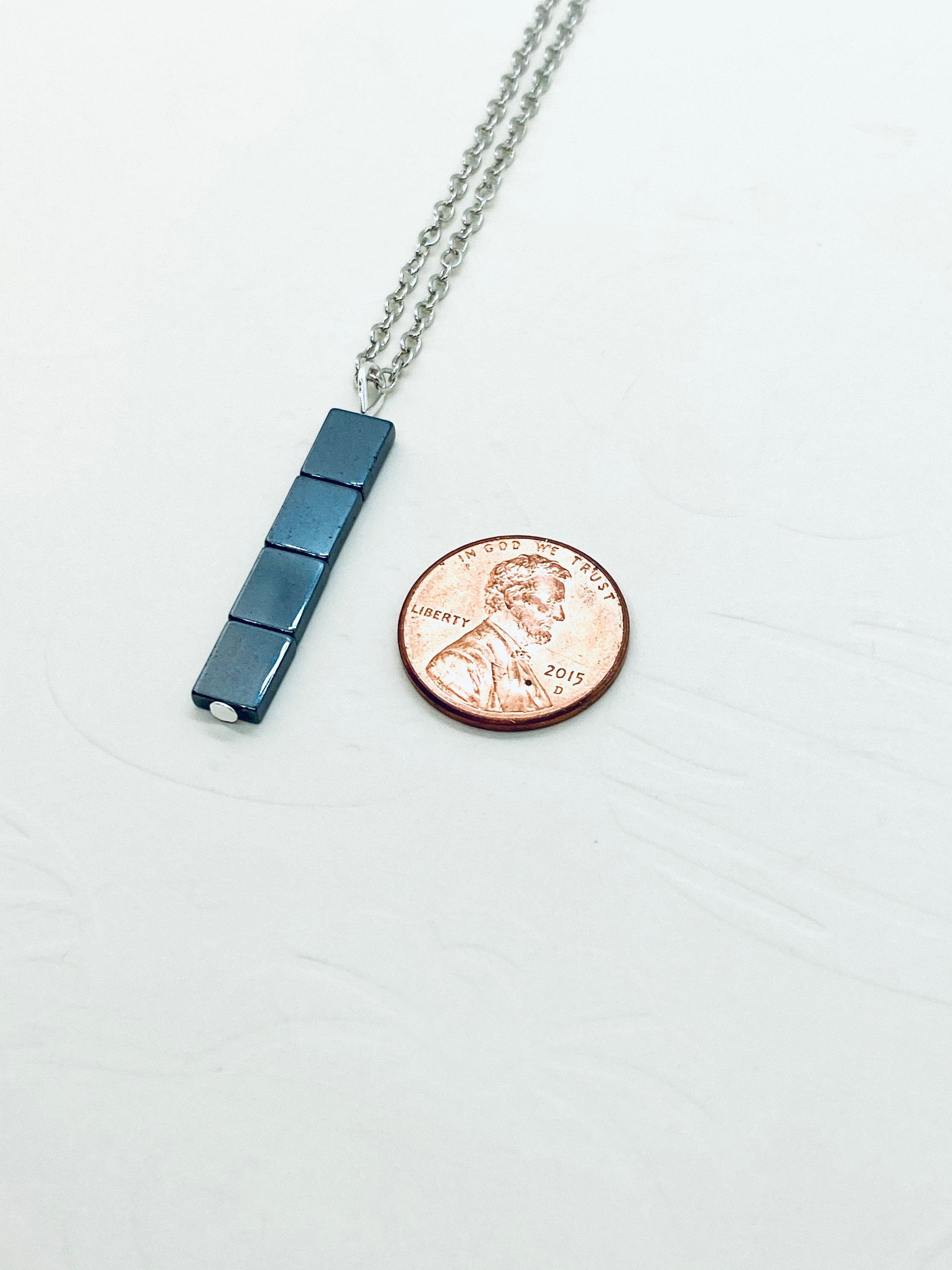 Hematite Bar Pendant Necklace, Gunmetal & Silver Plated Chain