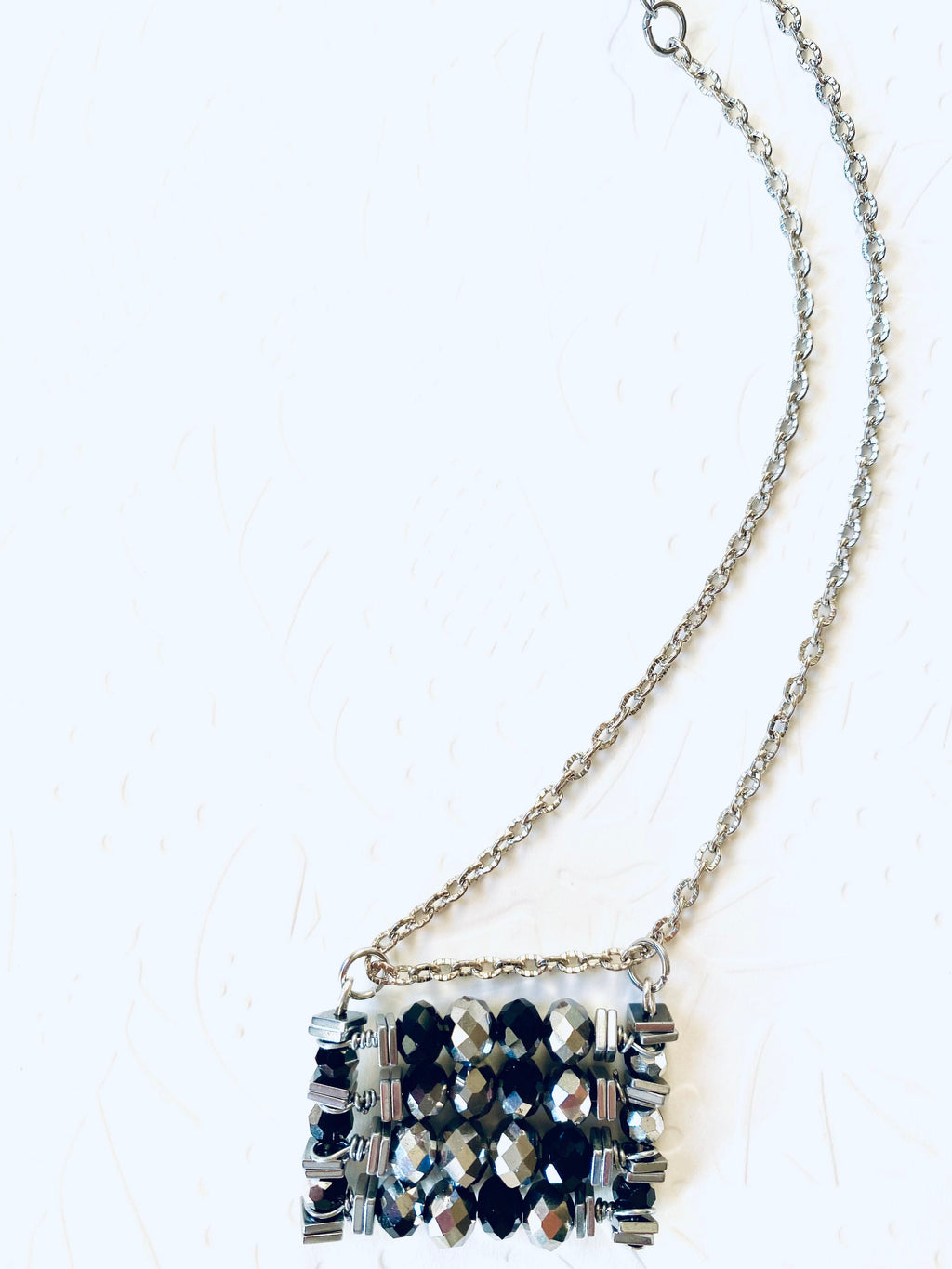 Black Silver Beaded Pendant Necklace, Festive Rectangular Jewelry, 30 Inch Chain