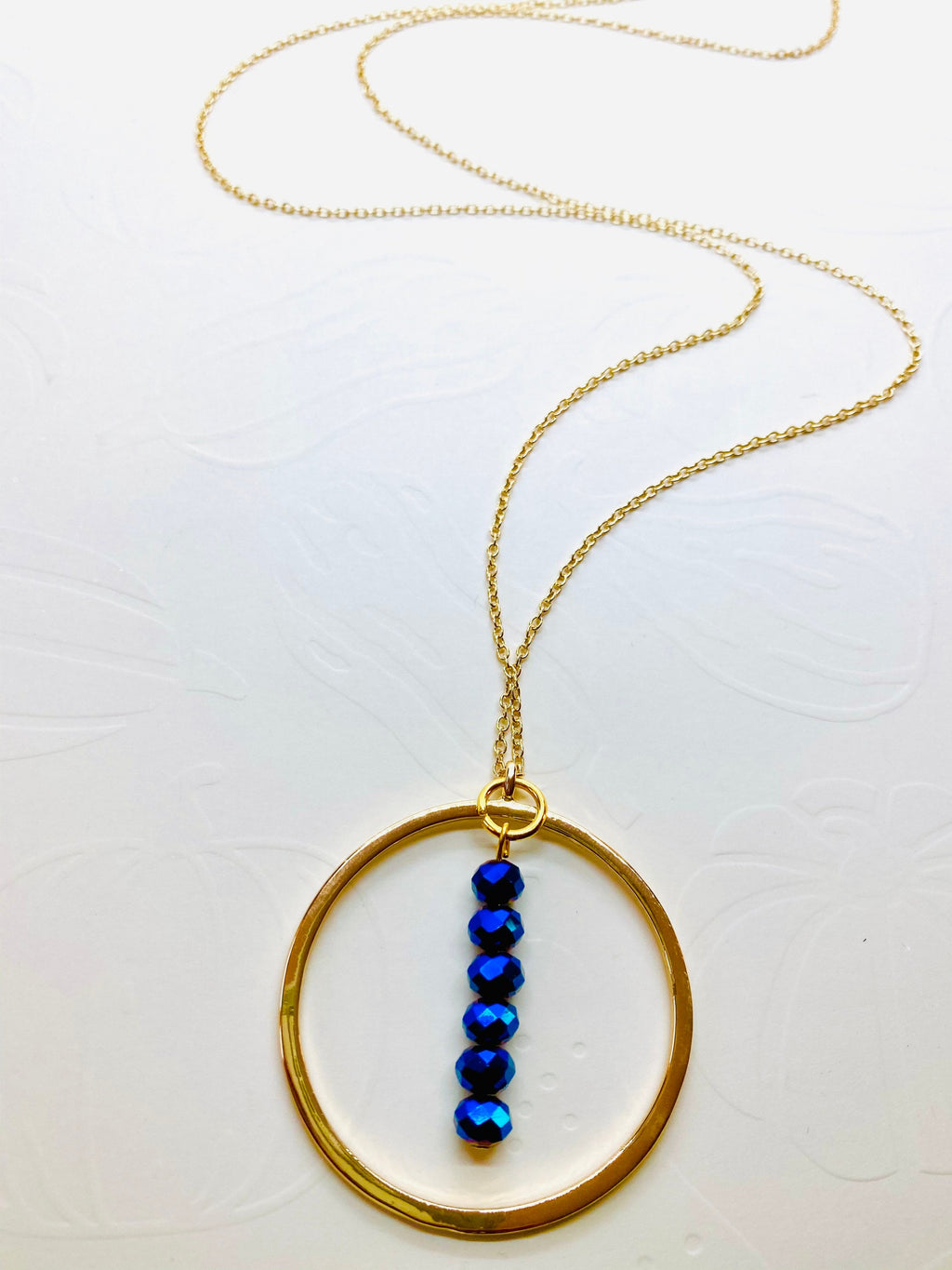 Electric Blue Beaded Pendant Necklace, Gold Plated Chain (30 inch)