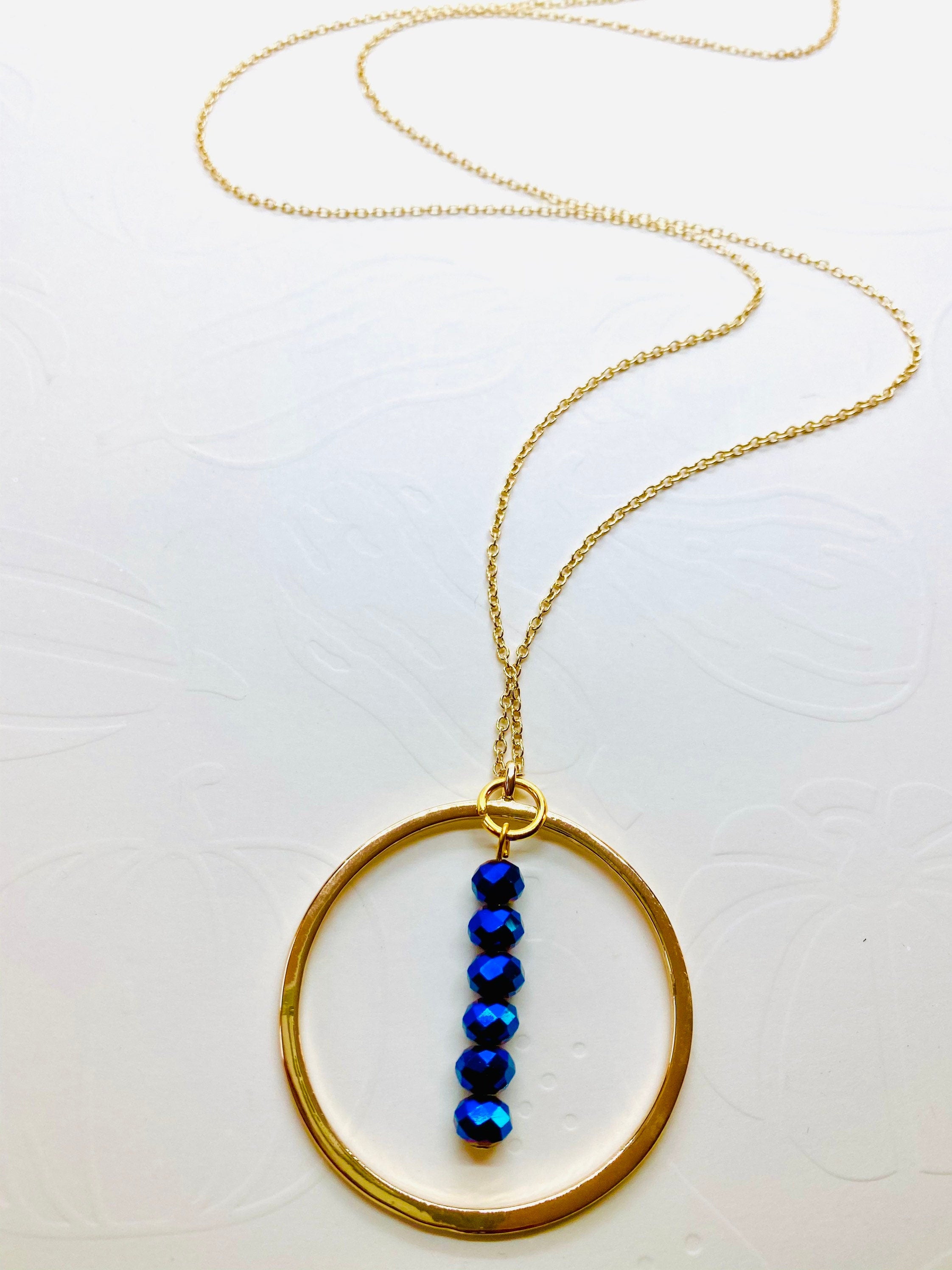 Electric Blue Beaded Pendant Necklace, Gold Plated Chain (30 inch)