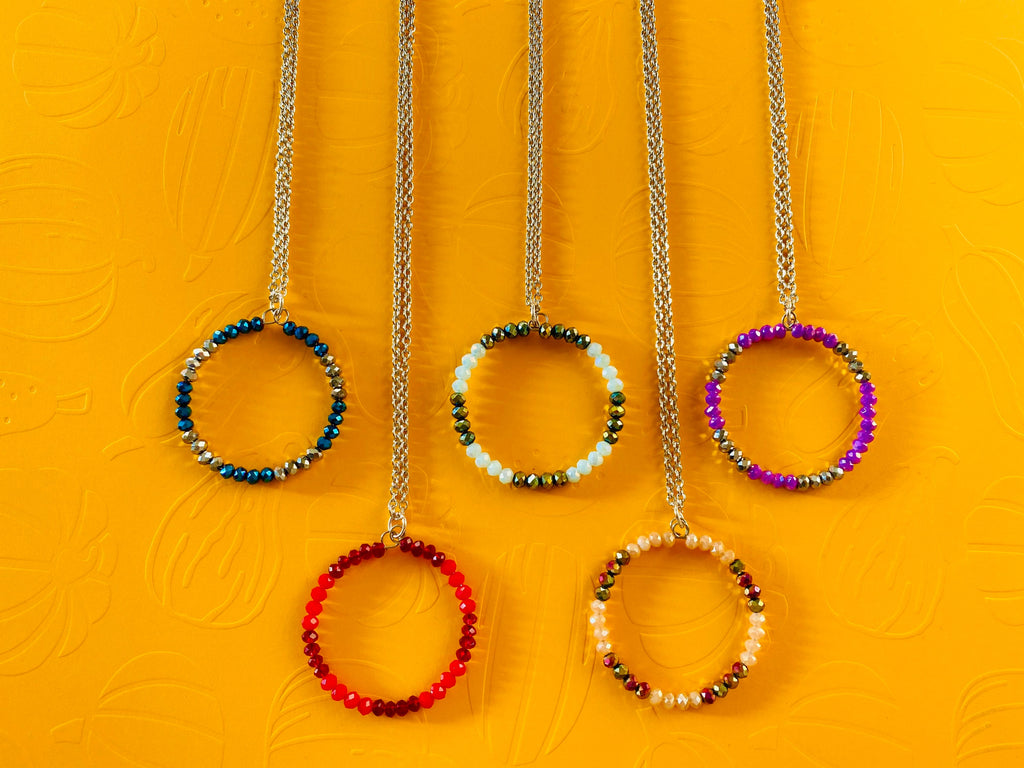 Crystal Circle Pendant Necklace, Silver Chain, Rondelle Beads