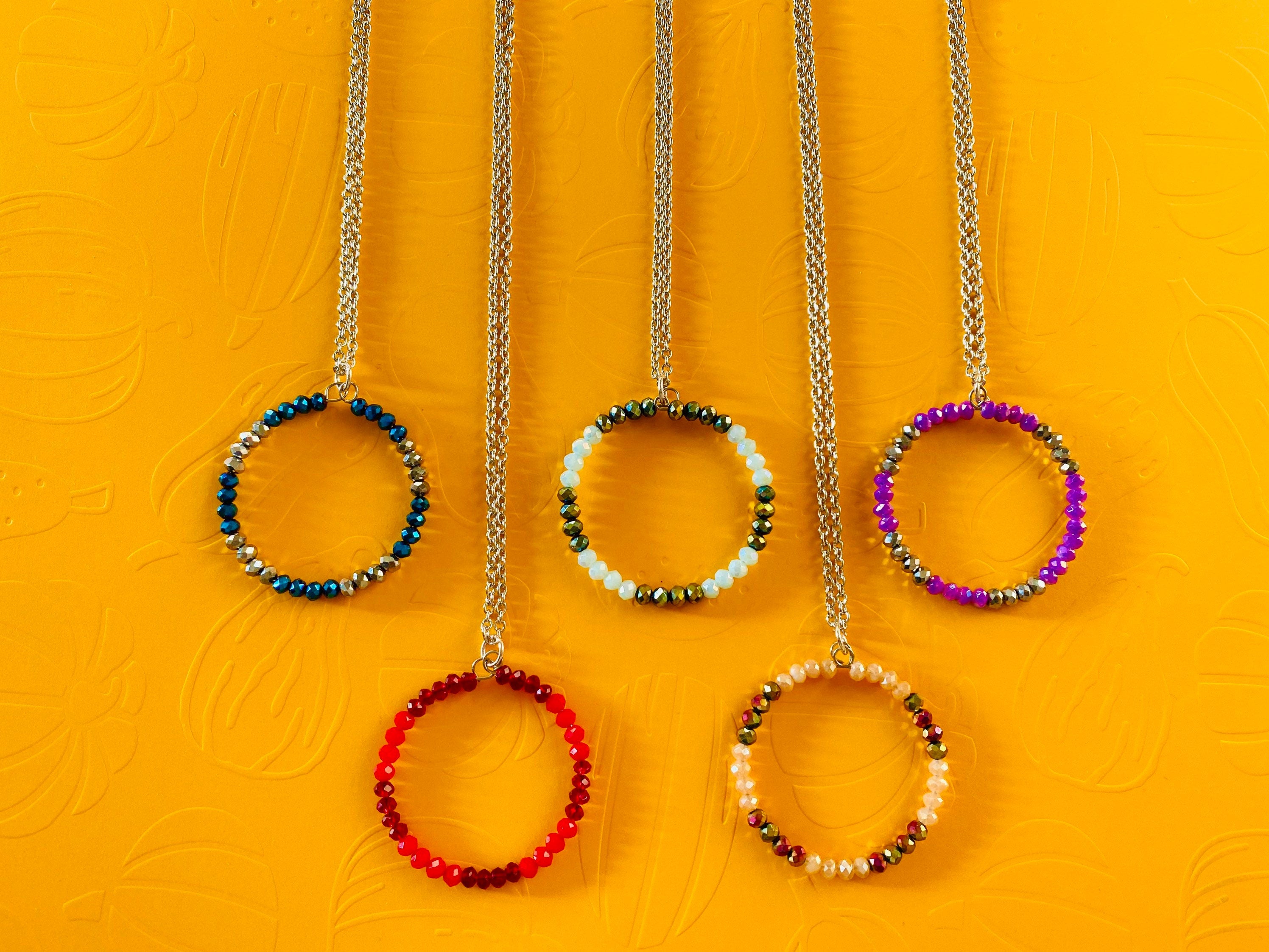 Crystal Circle Pendant Necklace, Silver Chain, Rondelle Beads