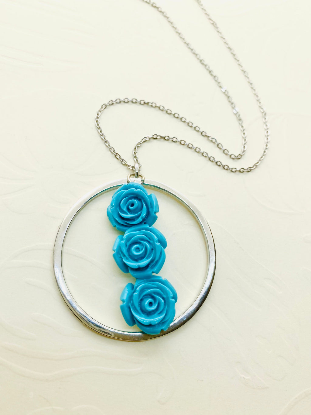 Blue Flower Pendant Necklace, Silver Circle, 30 inch Chain