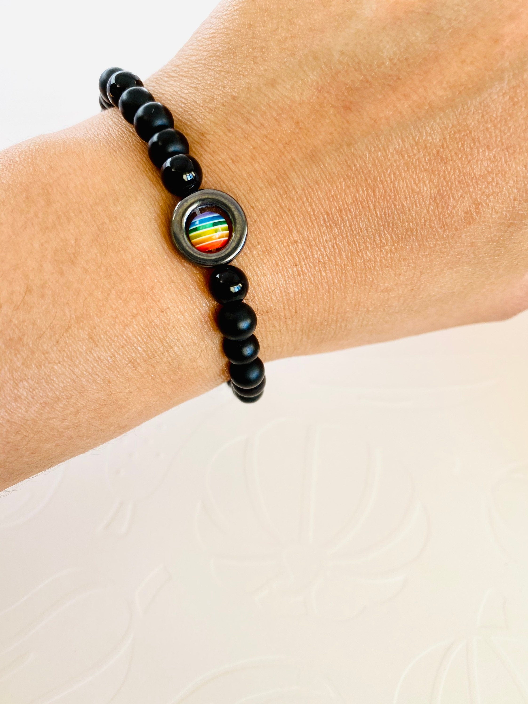 Onyx Pride Bracelet, Rainbow Resin Bead, LGBT Stretch Bracelet