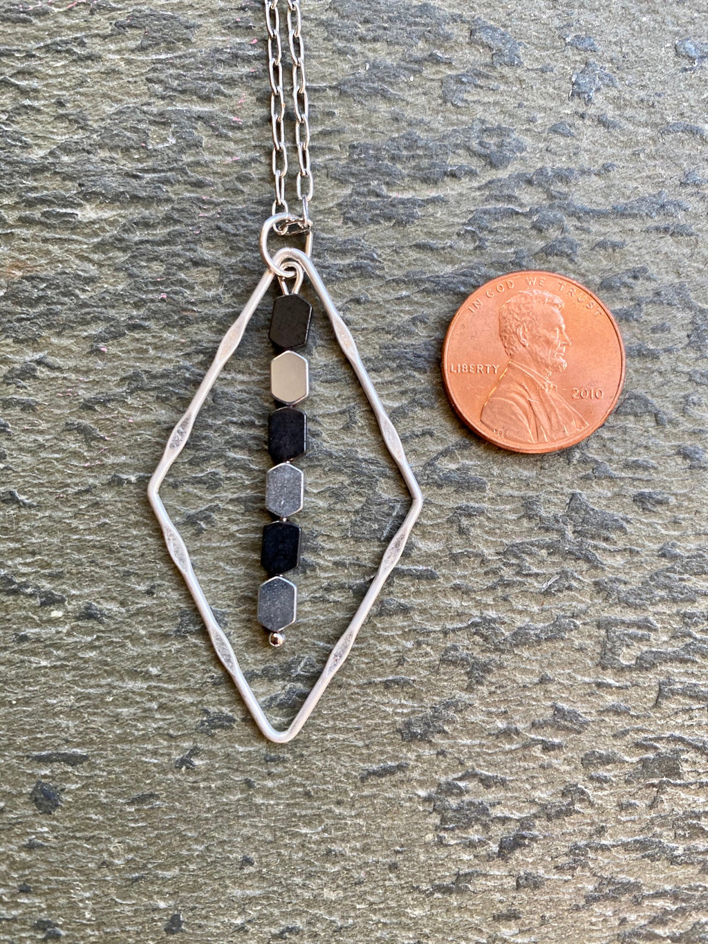 Dainty Silver Diamond Necklace, Black Hematite Beads, Two Tone