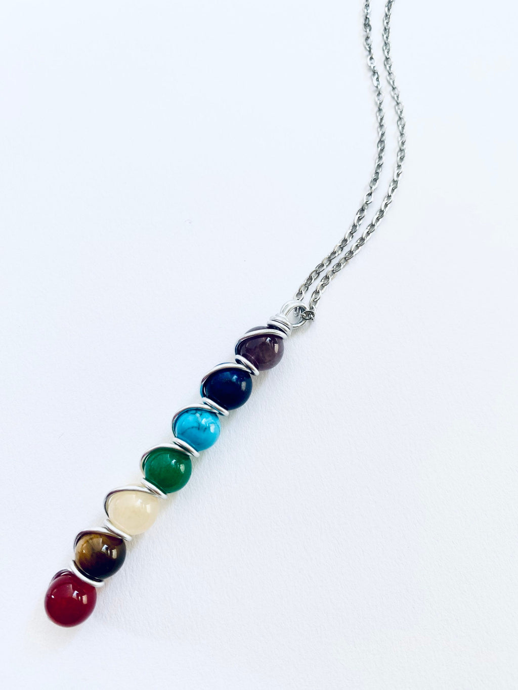 7 Chakra Gemstone Necklace, Spiritual Balance, Silver Plated Chain