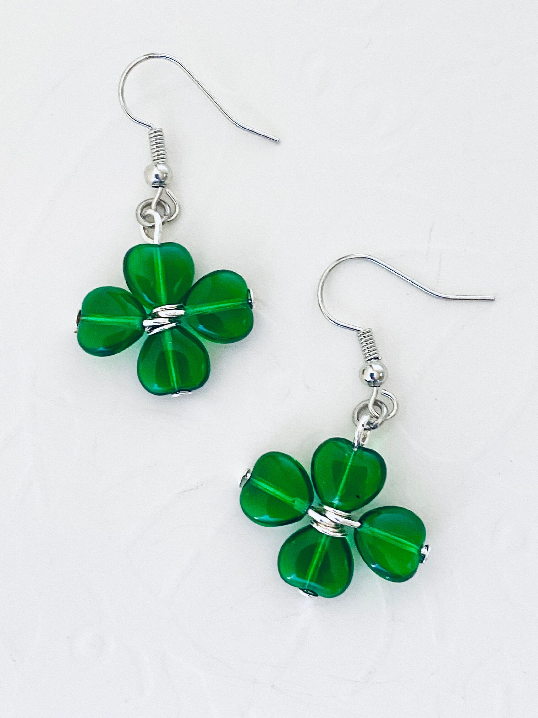St. Patrick's Day Clover Earrings, Green Heart Beads, Irish Gift
