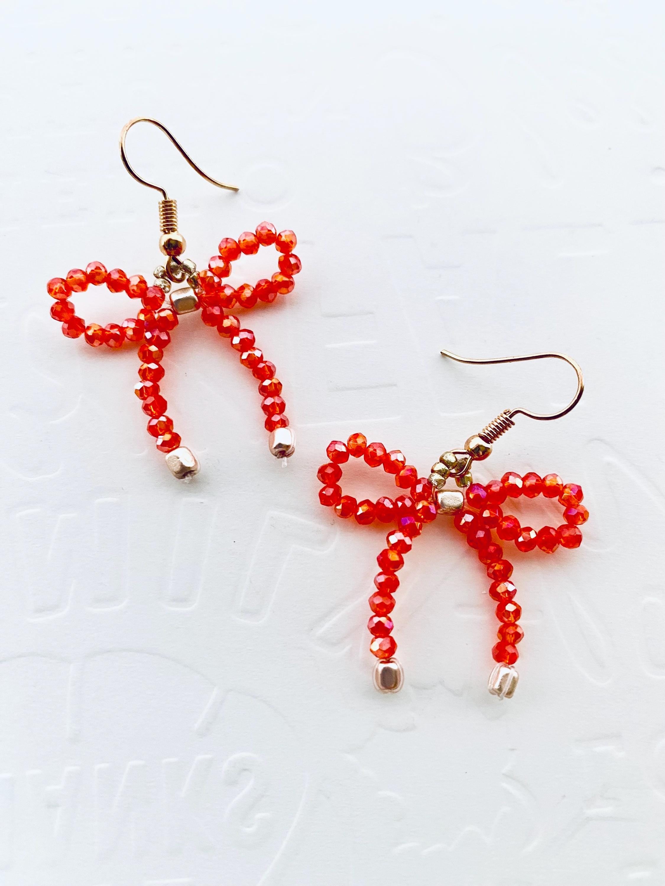 Halloween Crystal Bow Earrings, Orange Beaded Festive Jewelry