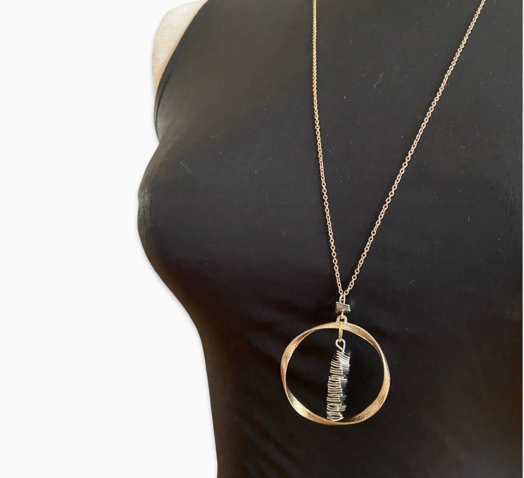 Gold Plated Circular Pendant Necklace with Silver Beads, 30 Inch