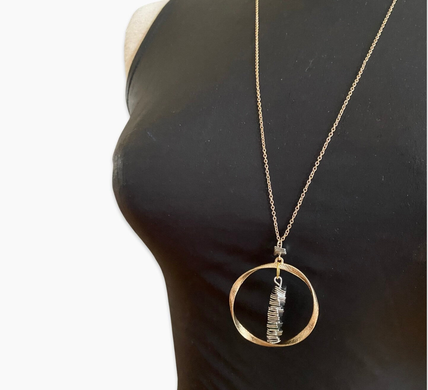 Gold Plated Circular Pendant Necklace with Silver Beads, 30 Inch