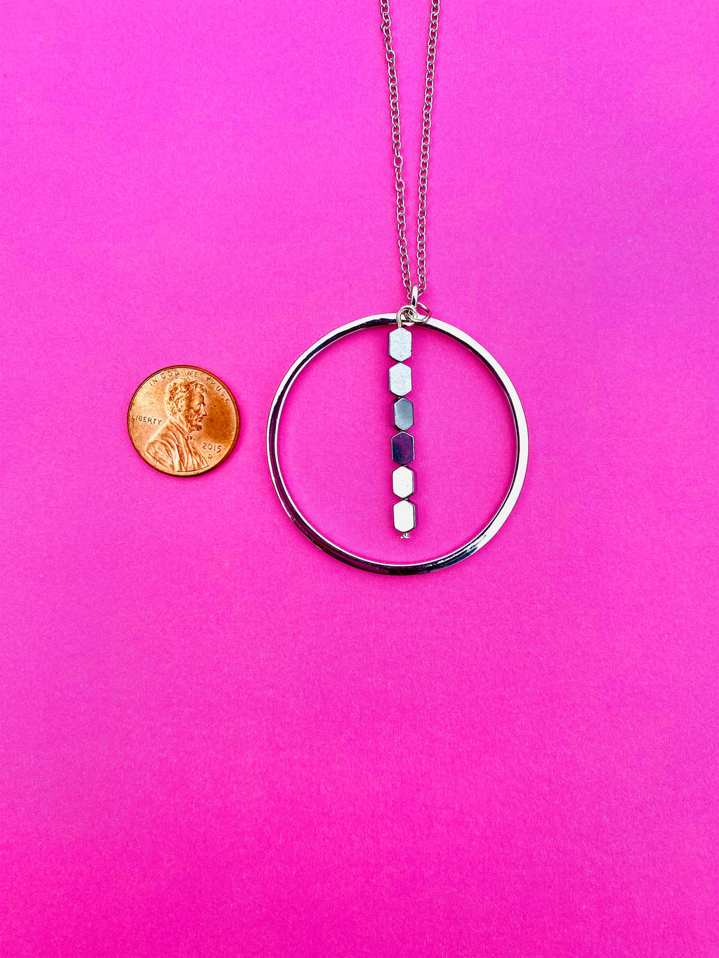 Silver Plated Circular Pendant Necklace with Hematite Beads, 30 Inch