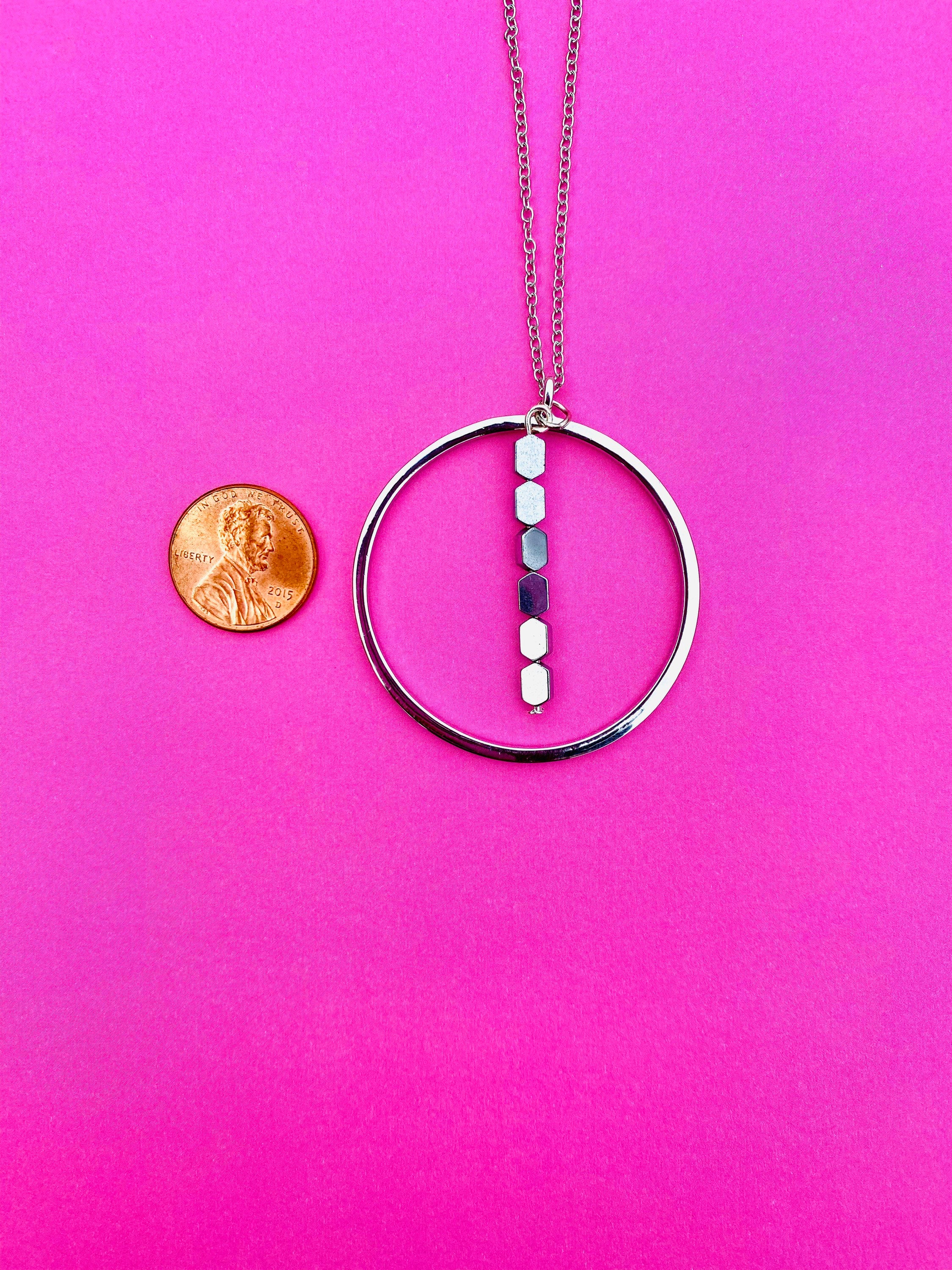 Silver Plated Circular Pendant Necklace with Hematite Beads, 30 Inch