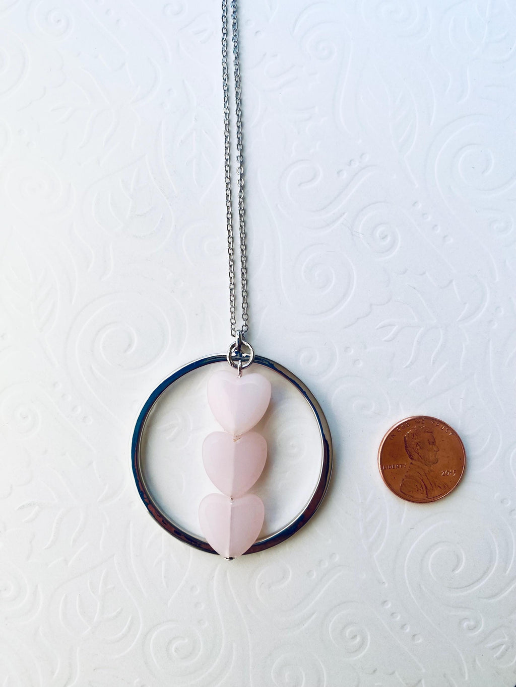 Pink Glass Heart Pendant Necklace, Silver Plated Chain, 30 Inch