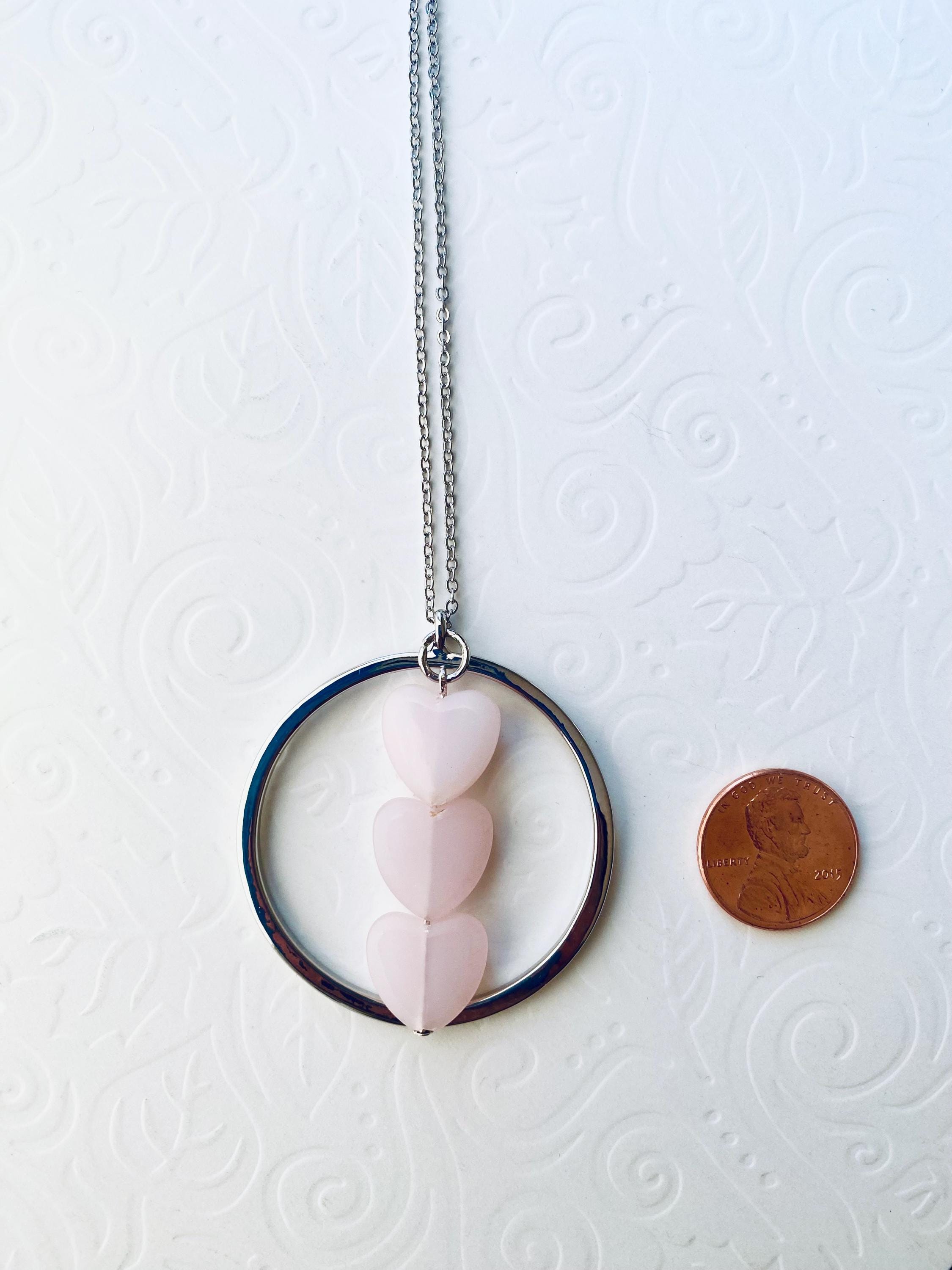 Pink Glass Heart Pendant Necklace, Silver Plated Chain, 30 Inch
