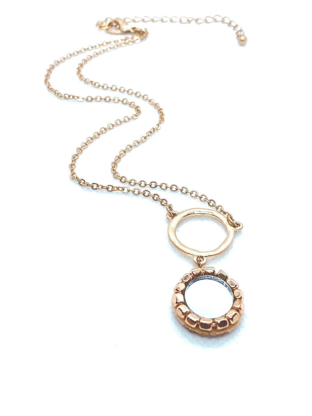 Matte Gold Plated Mirror Pendant Necklace, Beaded Design