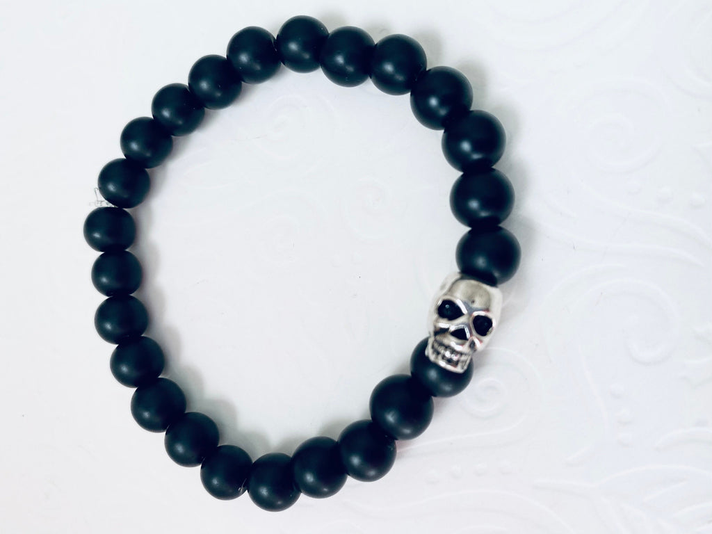 Day of the Dead, Onyx Bracelet, silver skeleton, matte onyx bracelet, unisex stretch bracelet, Gemstone with meaning, great gifts