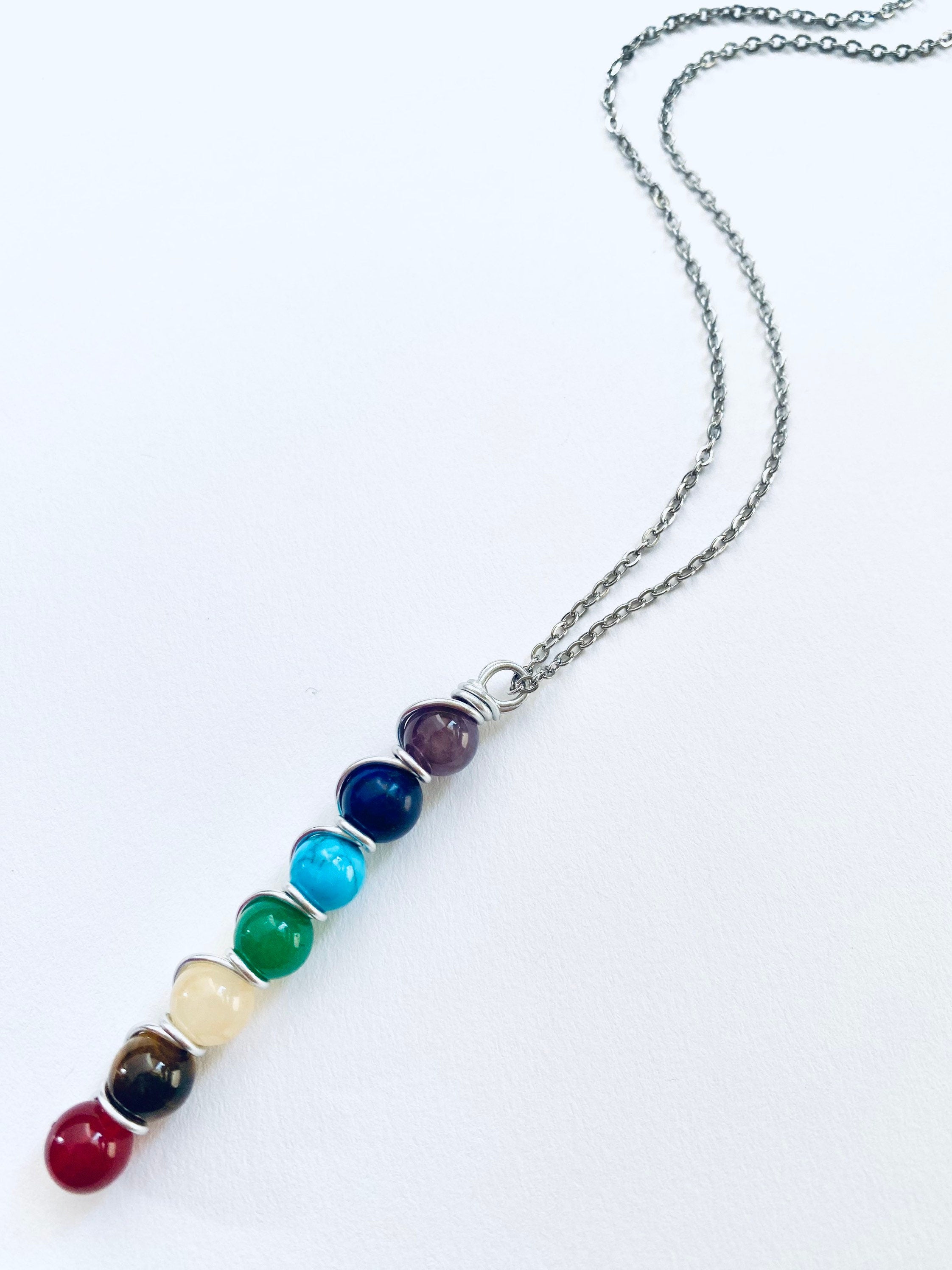 7 Chakra Gemstone Necklace, Spiritual Balance, Silver Plated Chain