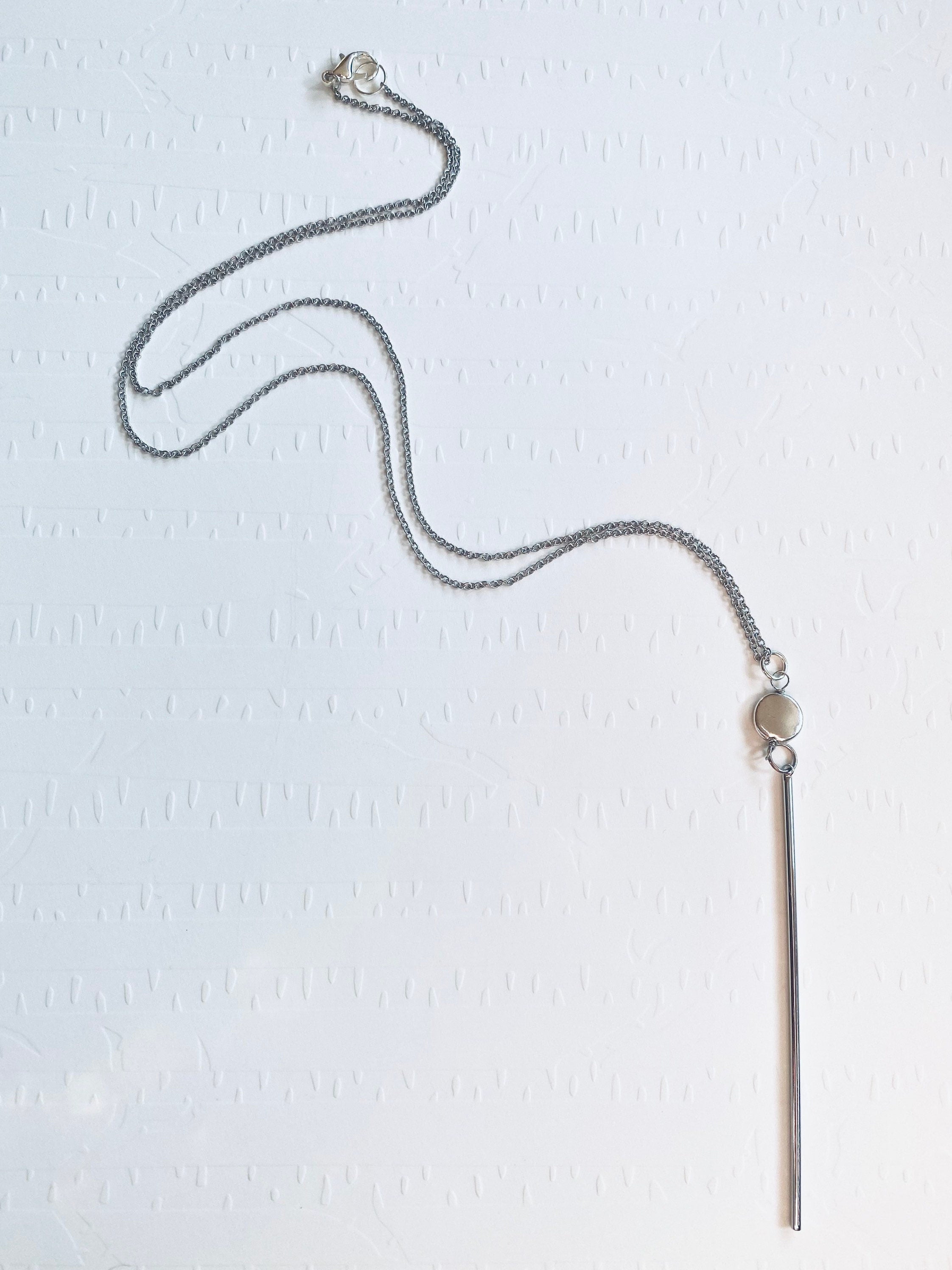 Silver Bar Pendant Necklace, Long Cable Chain, Bead Accent