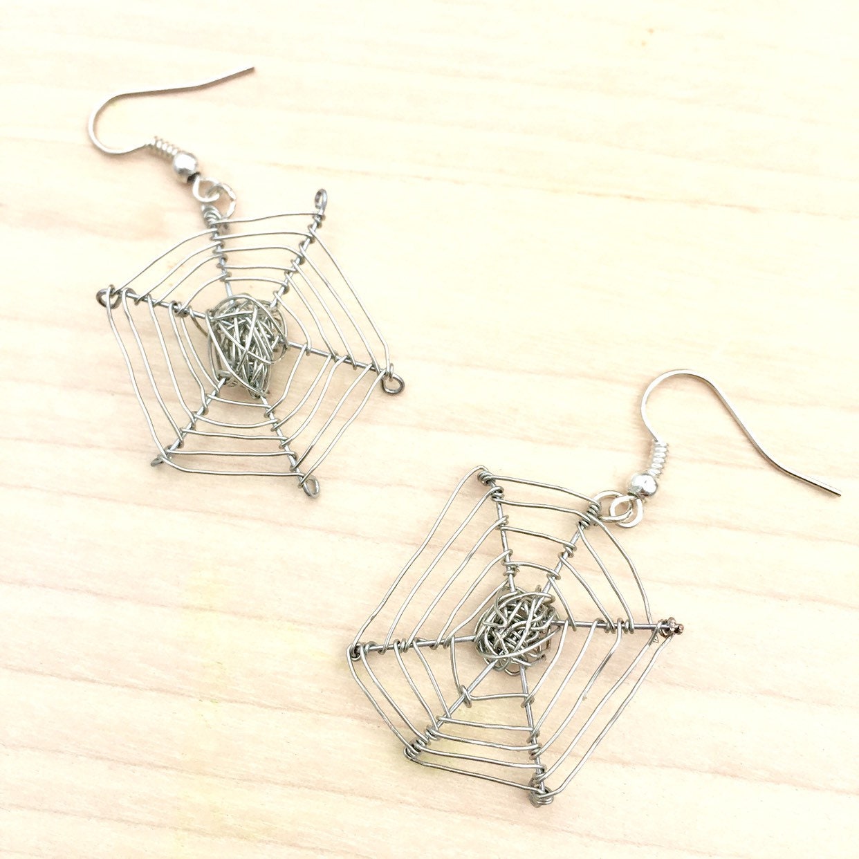 Silver Plated Wire Spider Web Earrings, Halloween Jewelry
