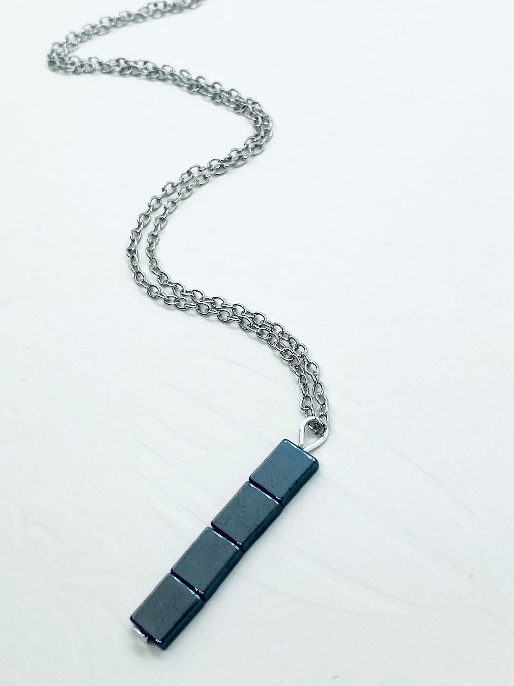 Hematite Bar Pendant Necklace, Gunmetal & Silver Plated Chain