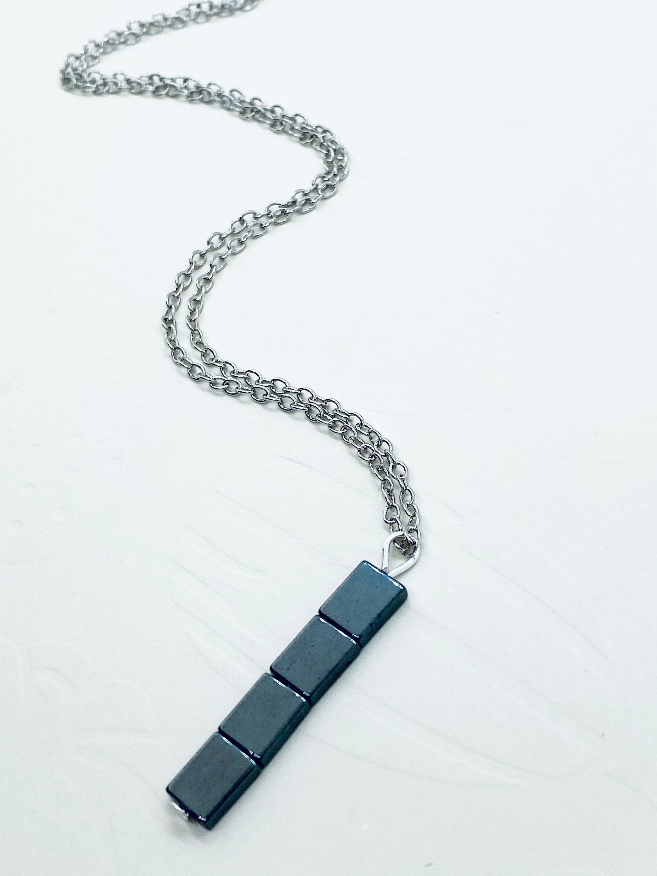Hematite Bar Pendant Necklace, Gunmetal & Silver Plated Chain