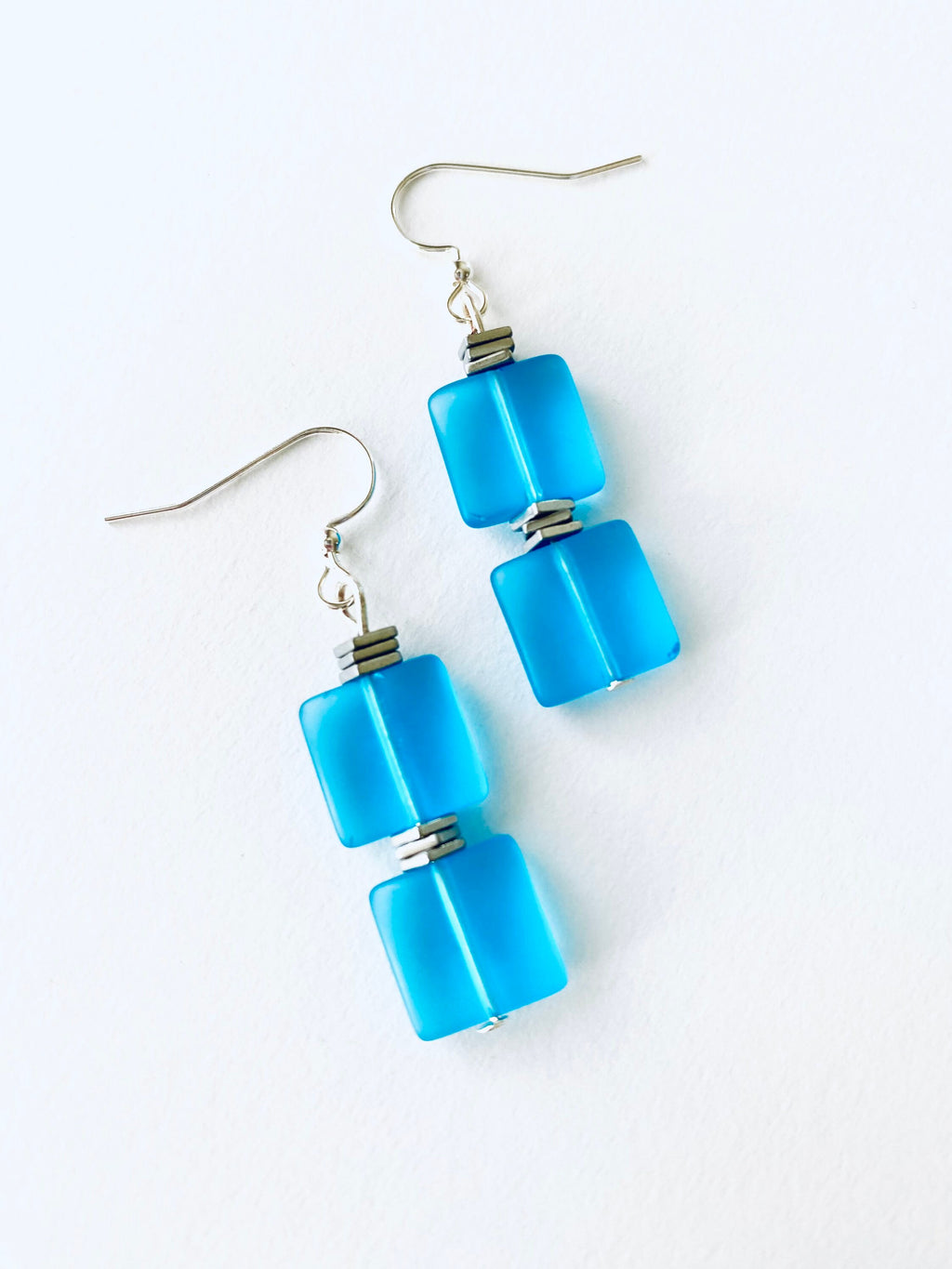 Blue Sea Glass Earrings, Silver Accents, Sleek Square Drop