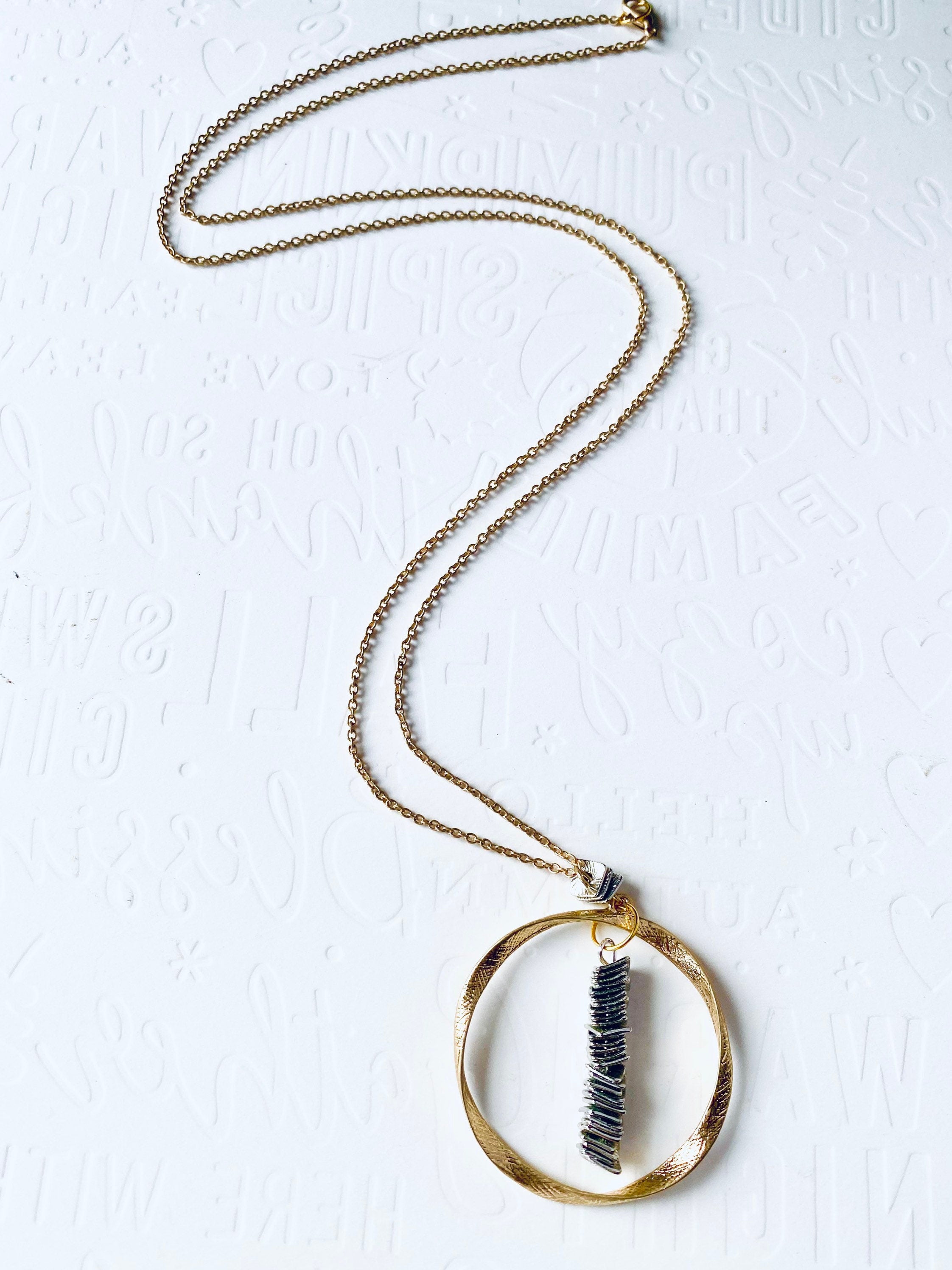 Gold Plated Circular Pendant Necklace with Silver Beads, 30 Inch