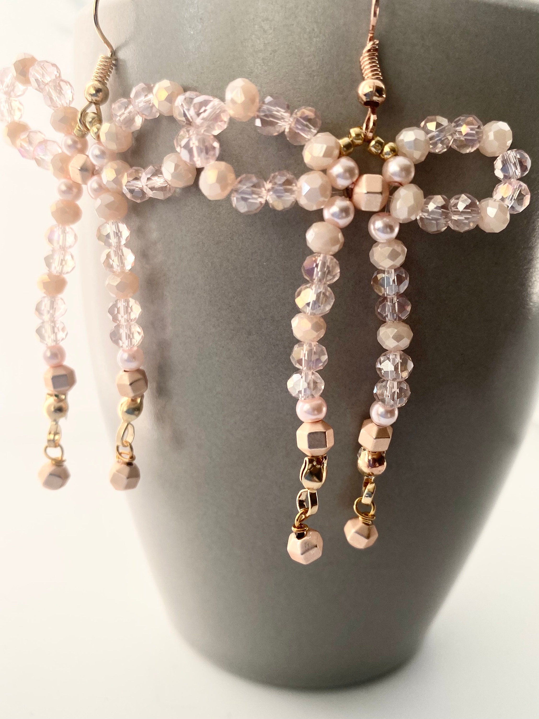 Handmade Cream Crystal Bow Earrings, Festive Gold Hooks