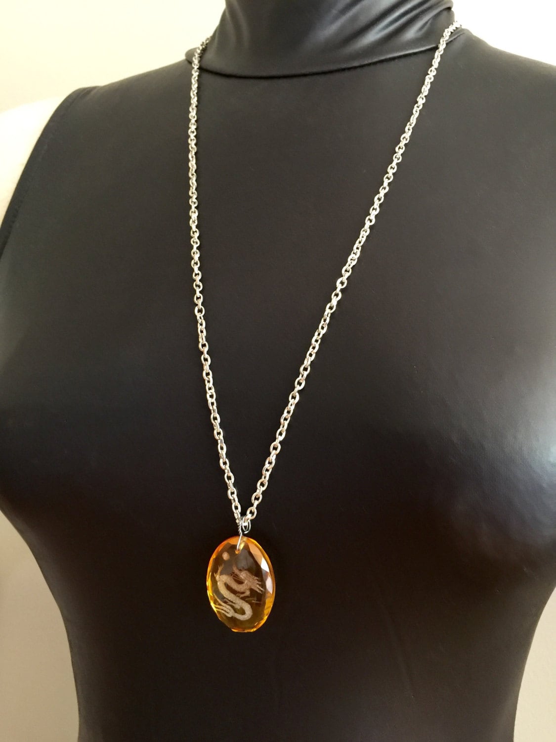 Engraved Dragon Yellow Glass Pendant, Silver Chain Necklace