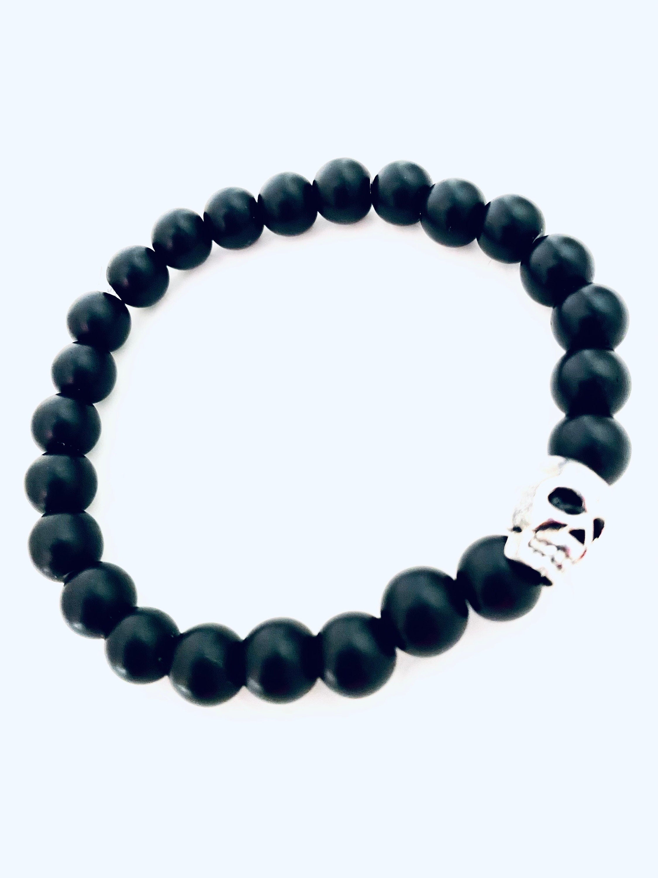Day of the Dead, Onyx Bracelet, silver skeleton, matte onyx bracelet, unisex stretch bracelet, Gemstone with meaning, great gifts