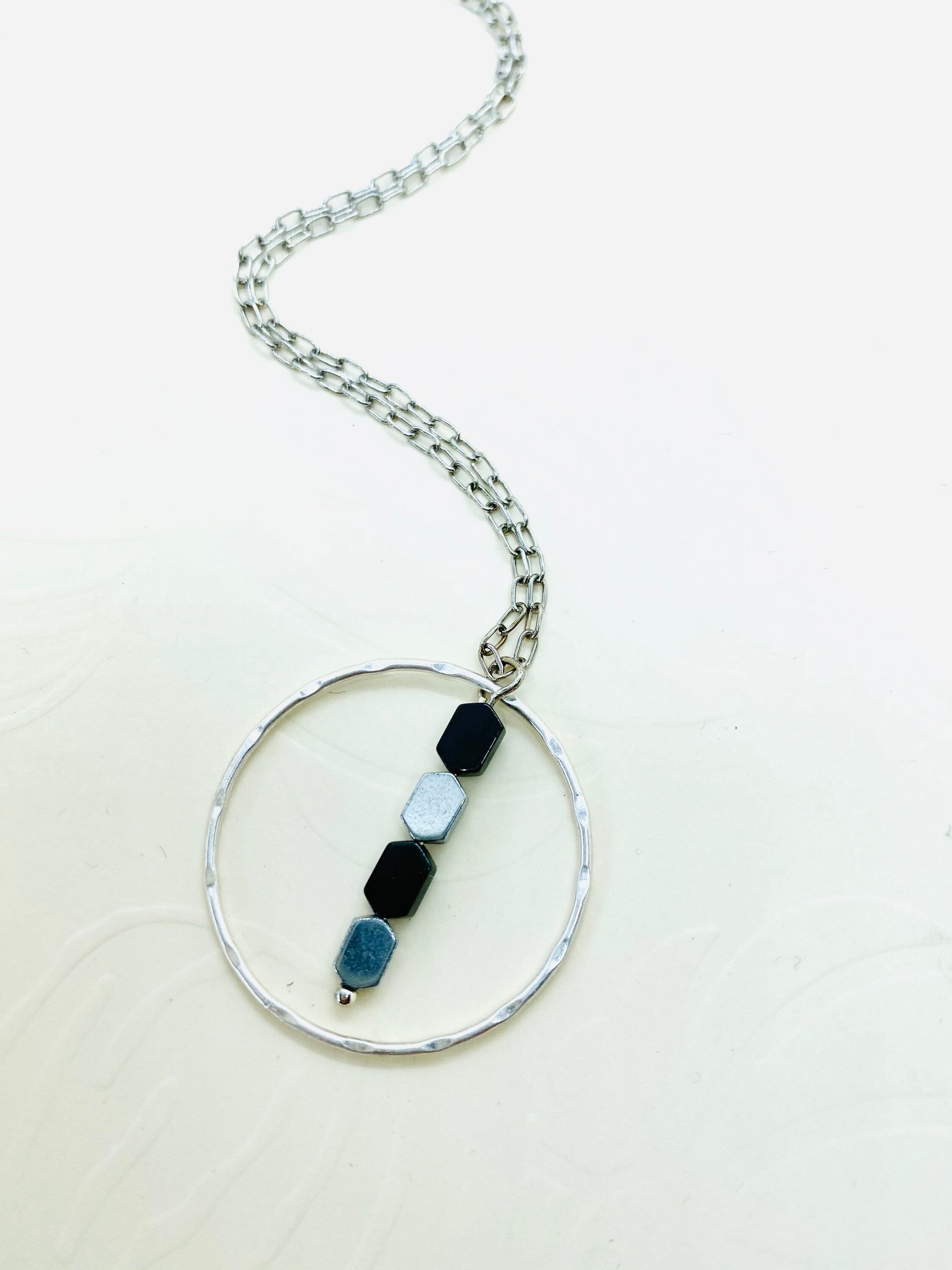 Circular Pendant Necklace, Silver & Black Hematite Beads