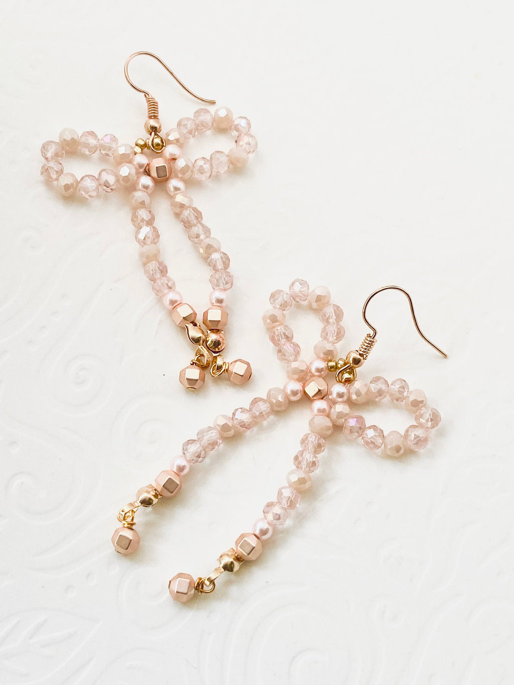 Handmade Cream Crystal Bow Earrings, Festive Gold Hooks
