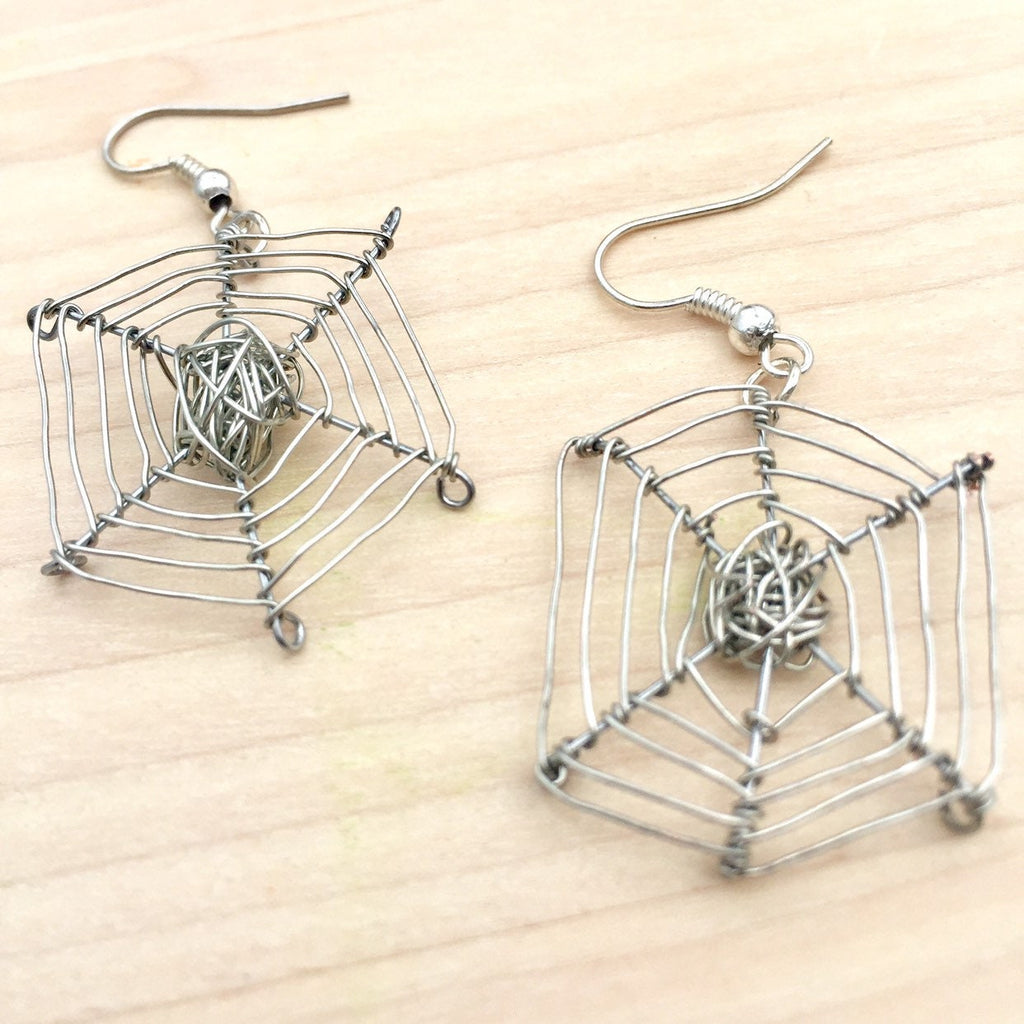 Silver Plated Wire Spider Web Earrings, Halloween Jewelry